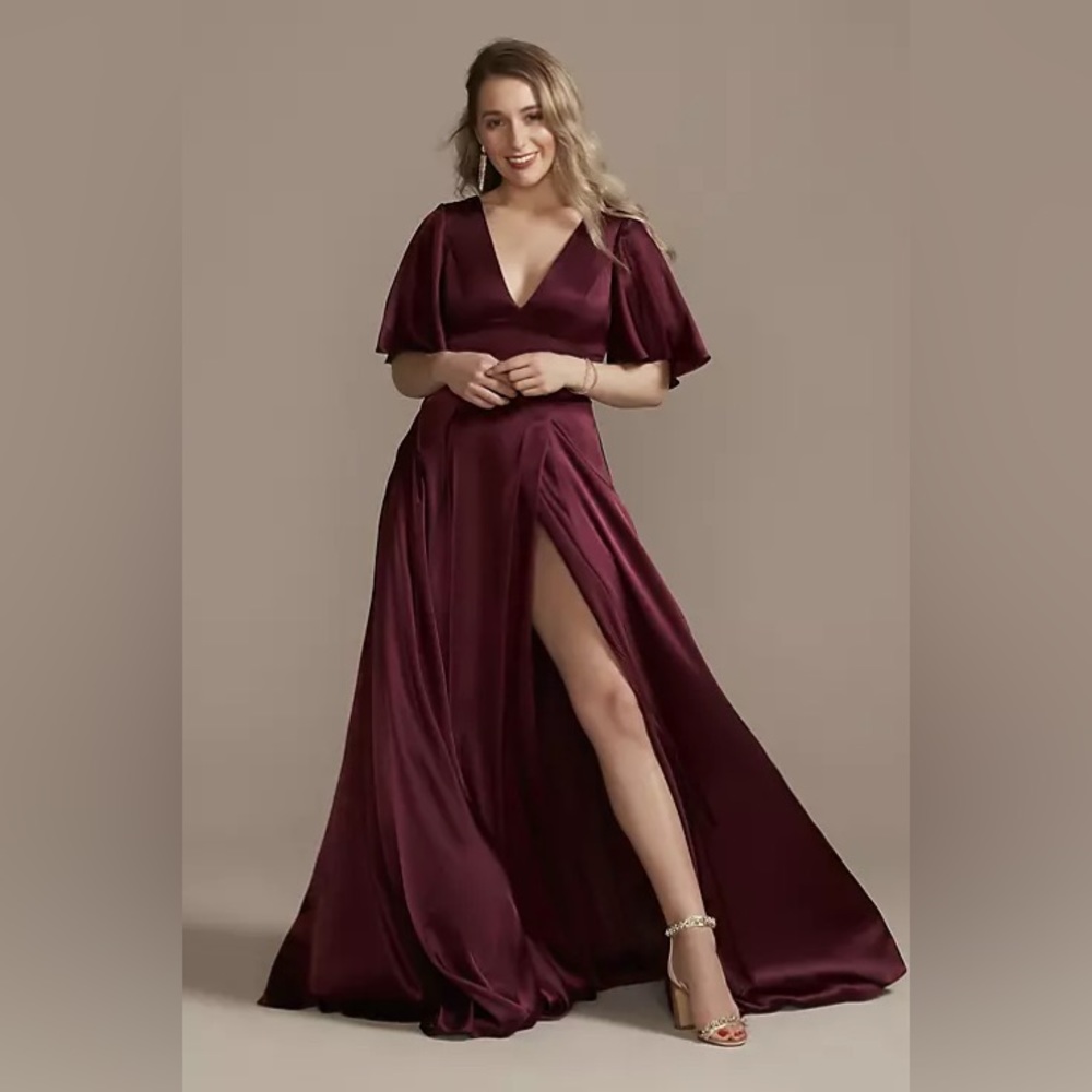 David’s Bridal charmeuse flutter-sleeve a-line bridesmaid dress wine